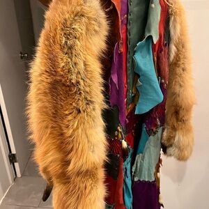 One of One Vintage Multicolor Leather & Suede Patchwork Coat w Full Fox Sleeves